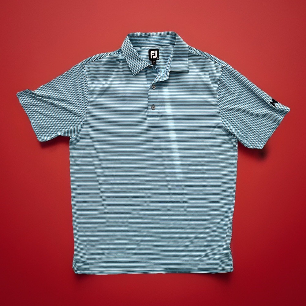 Footjoy Lisle Feeder Stripe Self Collar Polo Blue Black White‎ Sz Large